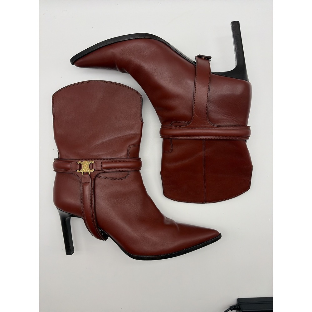 Celine Mahogany Leather Triomphe Ankle Boots Pointed Toe Stiletto DY 1202 41 - Picture 4 of 10